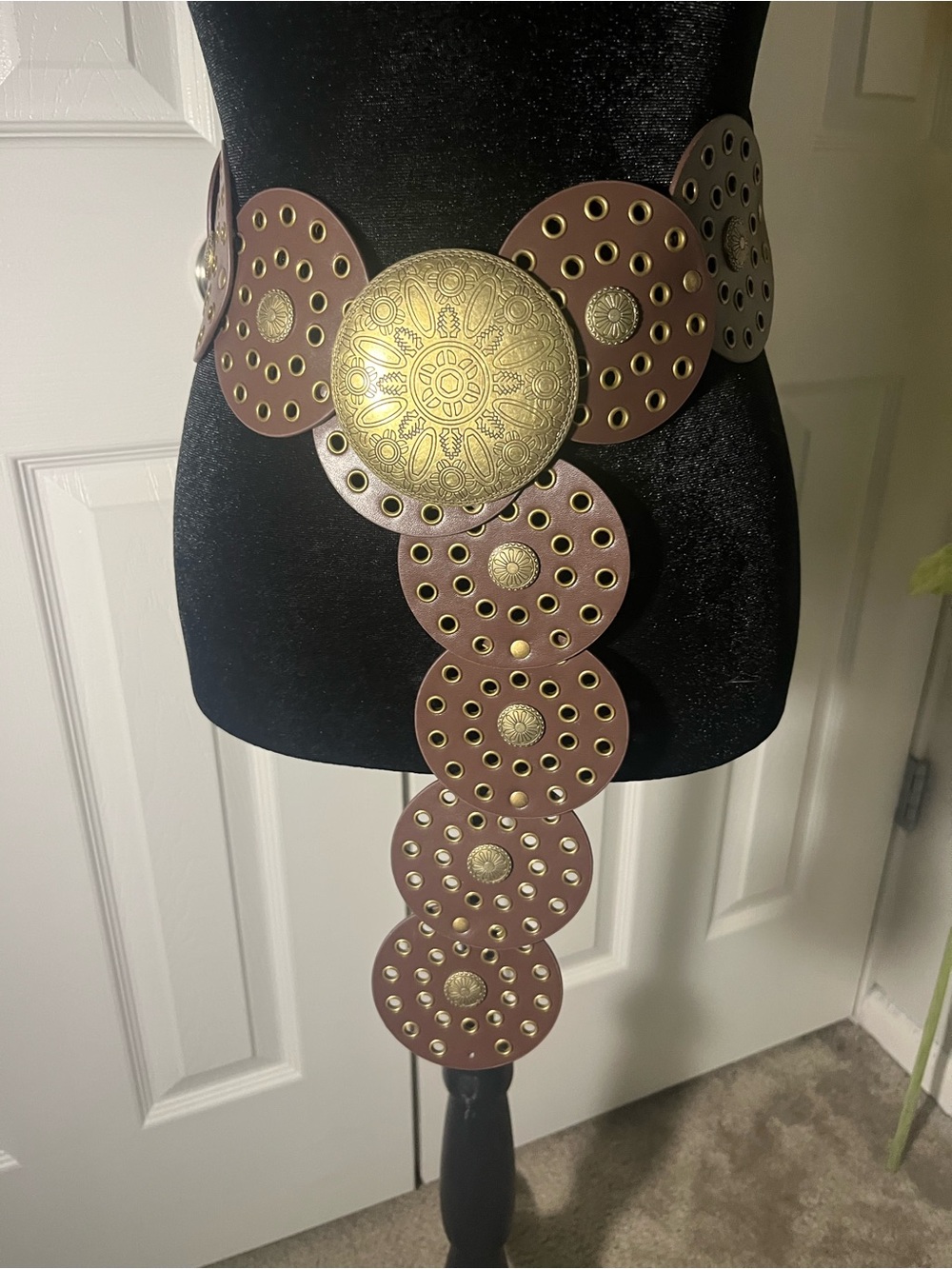 Boho Vintage Brown Leather Disc Statement Belt with Gold Medallions
